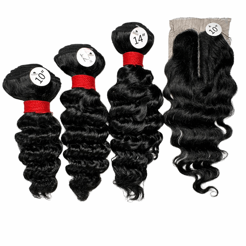 3 Deep Wave Bundles 9A + 4" x 4" U - Shaped Lace Front Closure - NATURAL BLACK - OR3DU - 10 - 12 - 14 - NATURALBLACK
