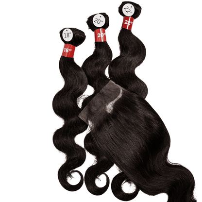 12" - 14" - 16" 3 Body Wave Bundles 9A + 4" x 4" U - Shaped Lace Front Closure - NATURAL - OR3BU - 12 - 14 - 16 - NATURAL