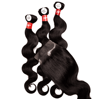 3 Body Wave Bundles + 4" x 5" Pre - Plucked HD Lace Closure With Baby Hair - NATURAL - OR3BC - 10 - 12 - 14 - NATURAL