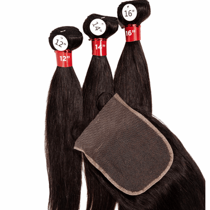 3 Straight Bundles + 4" x 5" Pre - Plucked HD Lace U - Shaped Closure With Baby Hair - NATURAL - OR3SC - 10 - 12 - 14 - NATURAL